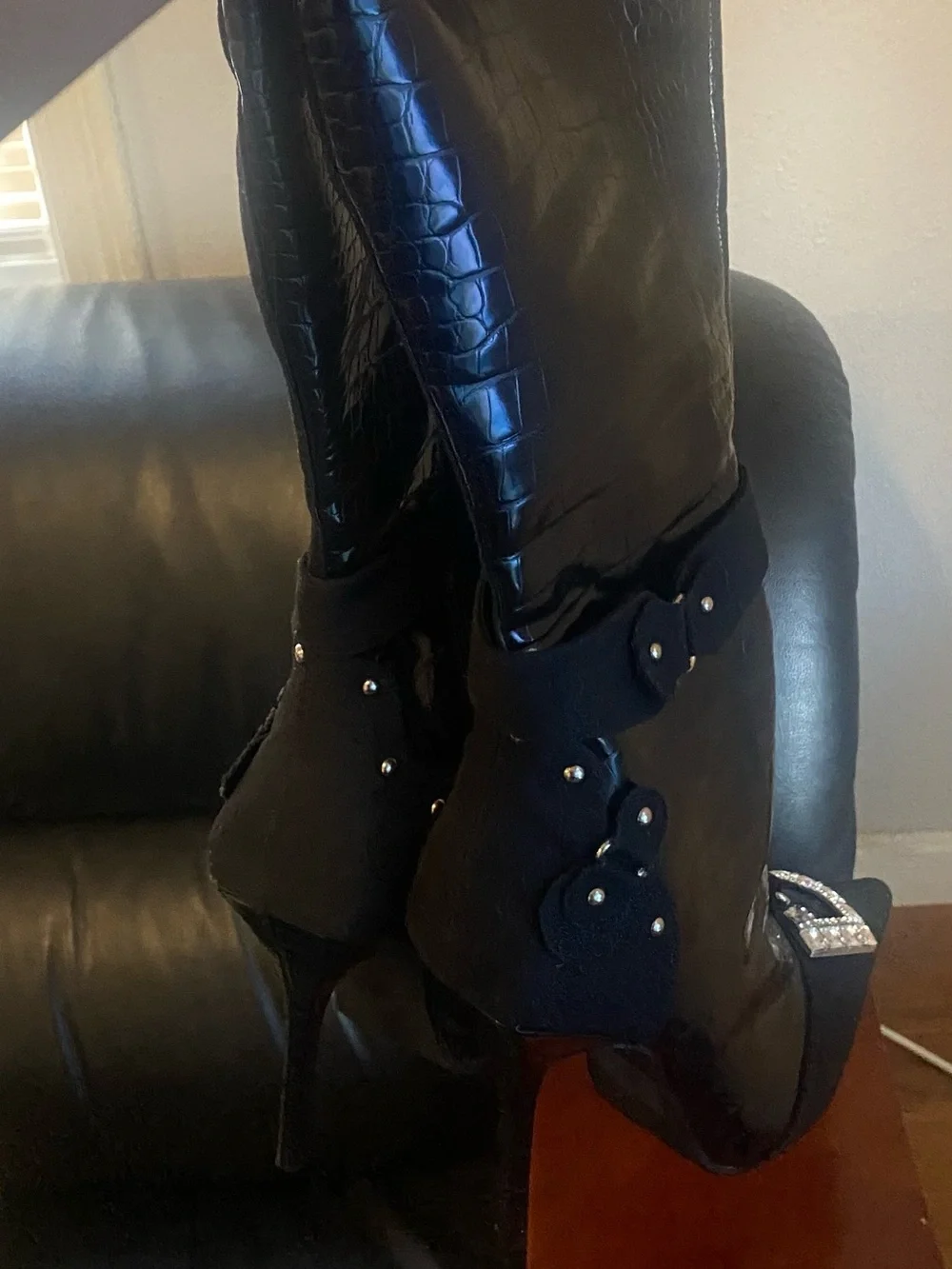 Fashion Nova Black Croc-Embossed Over-the-Knee Boot with Crystal Buckle Accent